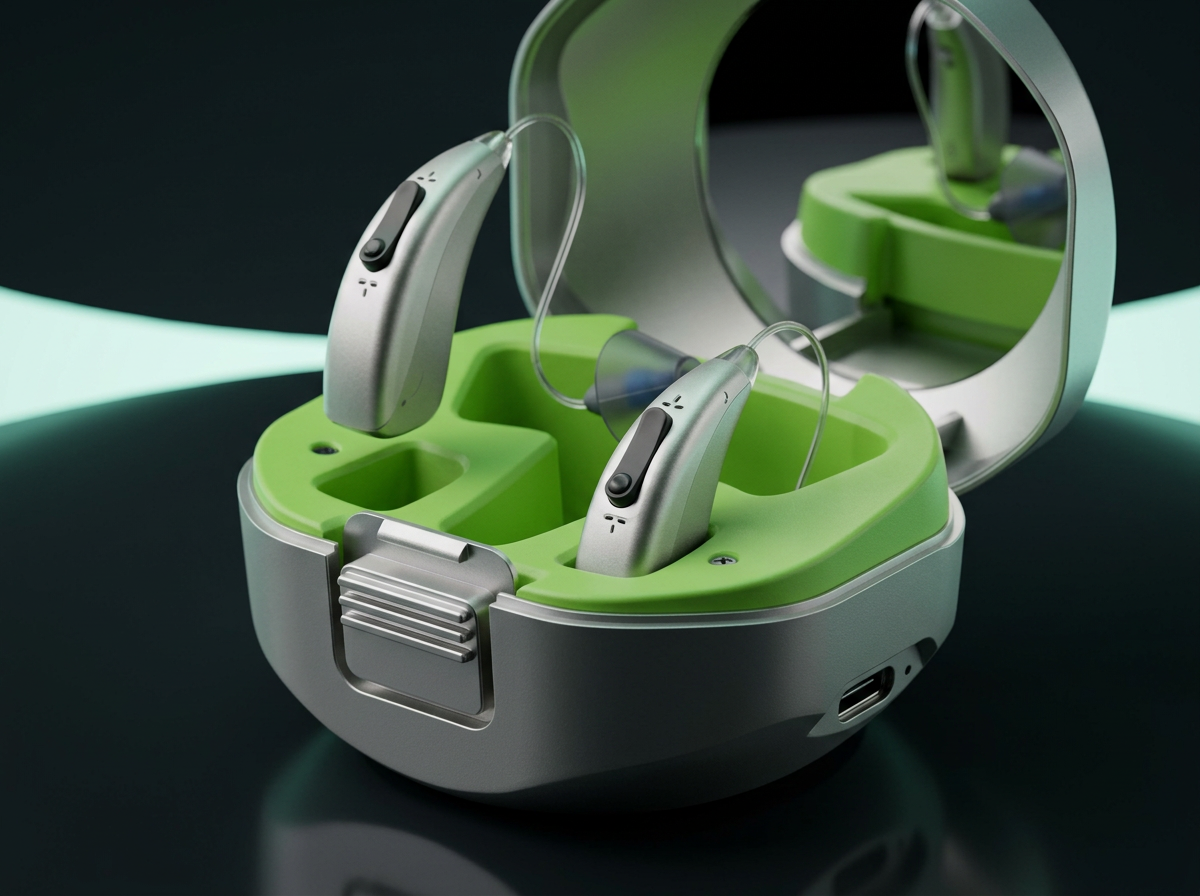 Close view of the open charging case with its lime green interior, mirror in the lid and the two hearing aids seated in their docks