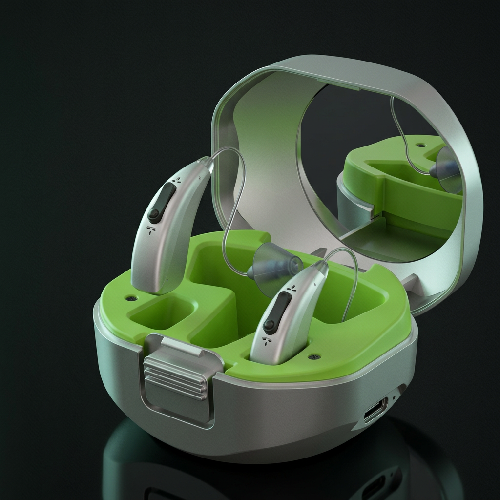 Two silver behind-the-ear hearing aids resting in an open charging case with a lime green interior and a mirror in the lid